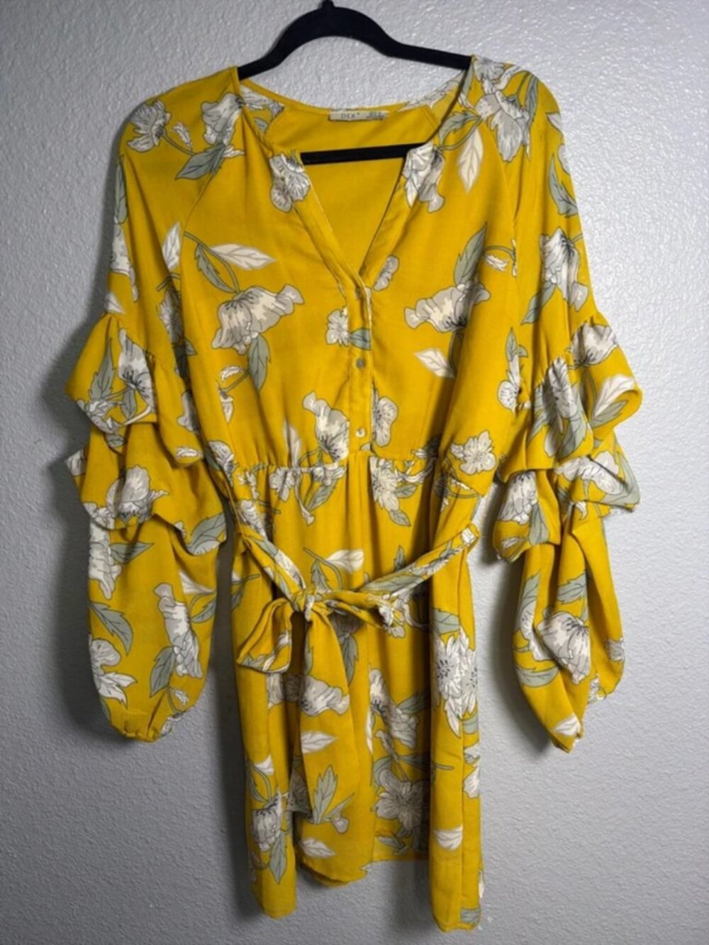 DEX Yellow Floral Ruffle Sleeve Tie Waist Dress Size Medium